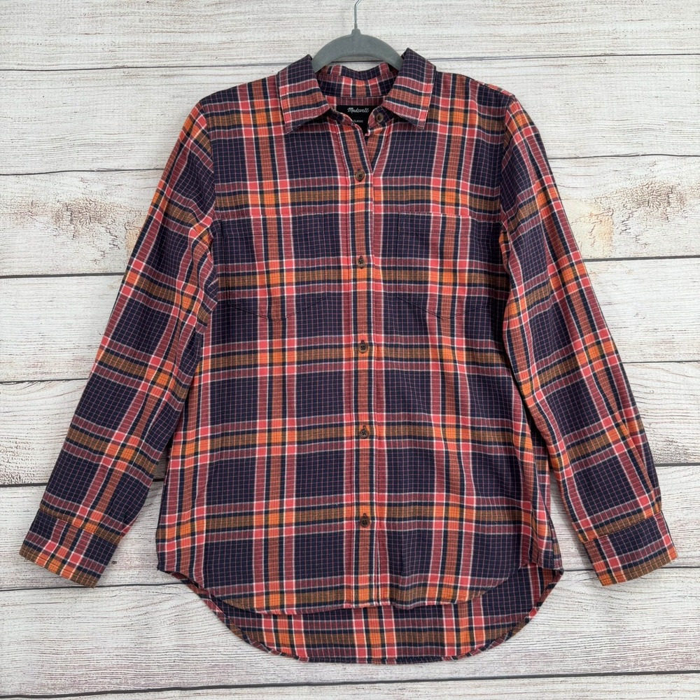 Madewell Classic Shirt Women S Navy Red Orange Plaid Button Down AF665